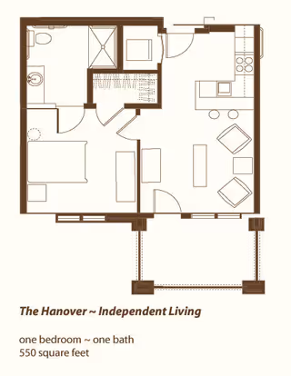 Floor plan of The Hanover independent living unit at Oak Grove Inn, featuring one bedroom, one bathroom, a kitchen, living area, and a porch. The layout shows a bedroom with a bed and dresser, a bathroom with a shower, toilet, and sink, a kitchen with appliances and a counter with stools, and a living room with seating and a coffee table.