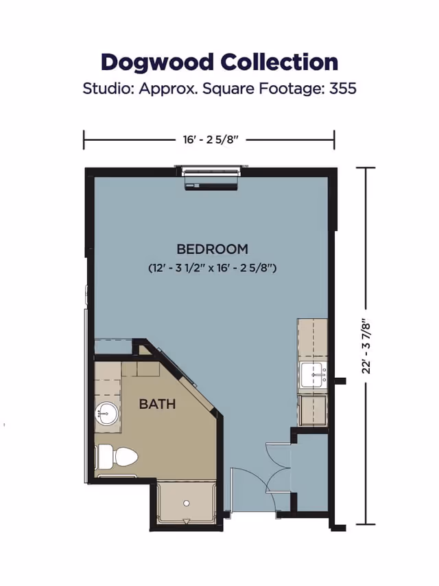 Floor plan of the Dogwood Collection studio apartment at Thrive at Augusta, showing a bedroom area measuring approximately 12 feet 3.5 inches by 16 feet 2.625 inches, a bathroom with a toilet, sink, and shower, and a small kitchenette area near the entrance. The total approximate square footage is 355.