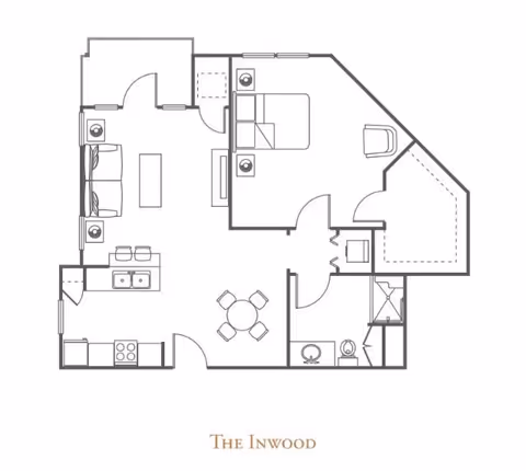 Architectural floor plan of a one-bedroom apartment named The Inwood, showing a living room with sofa and TV, a kitchen with stove and sink, a dining area with a round table and four chairs, a bedroom with a bed and chair, a bathroom with a sink, toilet, and shower, and a small closet or storage area.