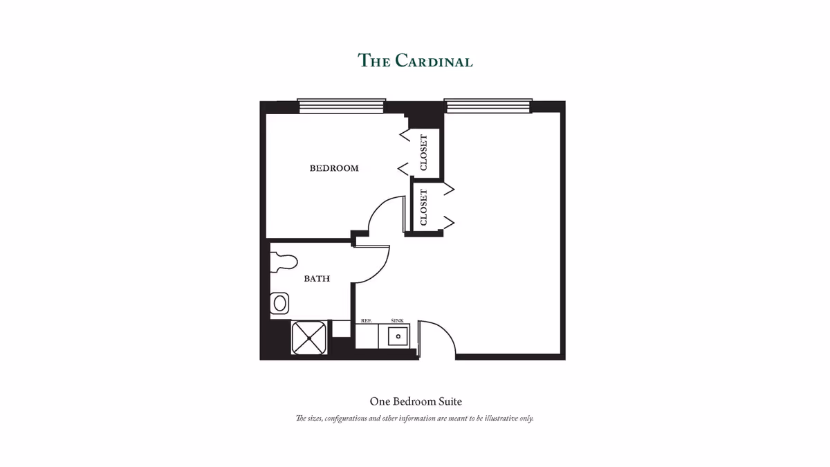 Floor plan titled 'The Cardinal' showing a one bedroom suite with a bedroom, bathroom, two closets, and a small kitchen area with a refrigerator and sink.