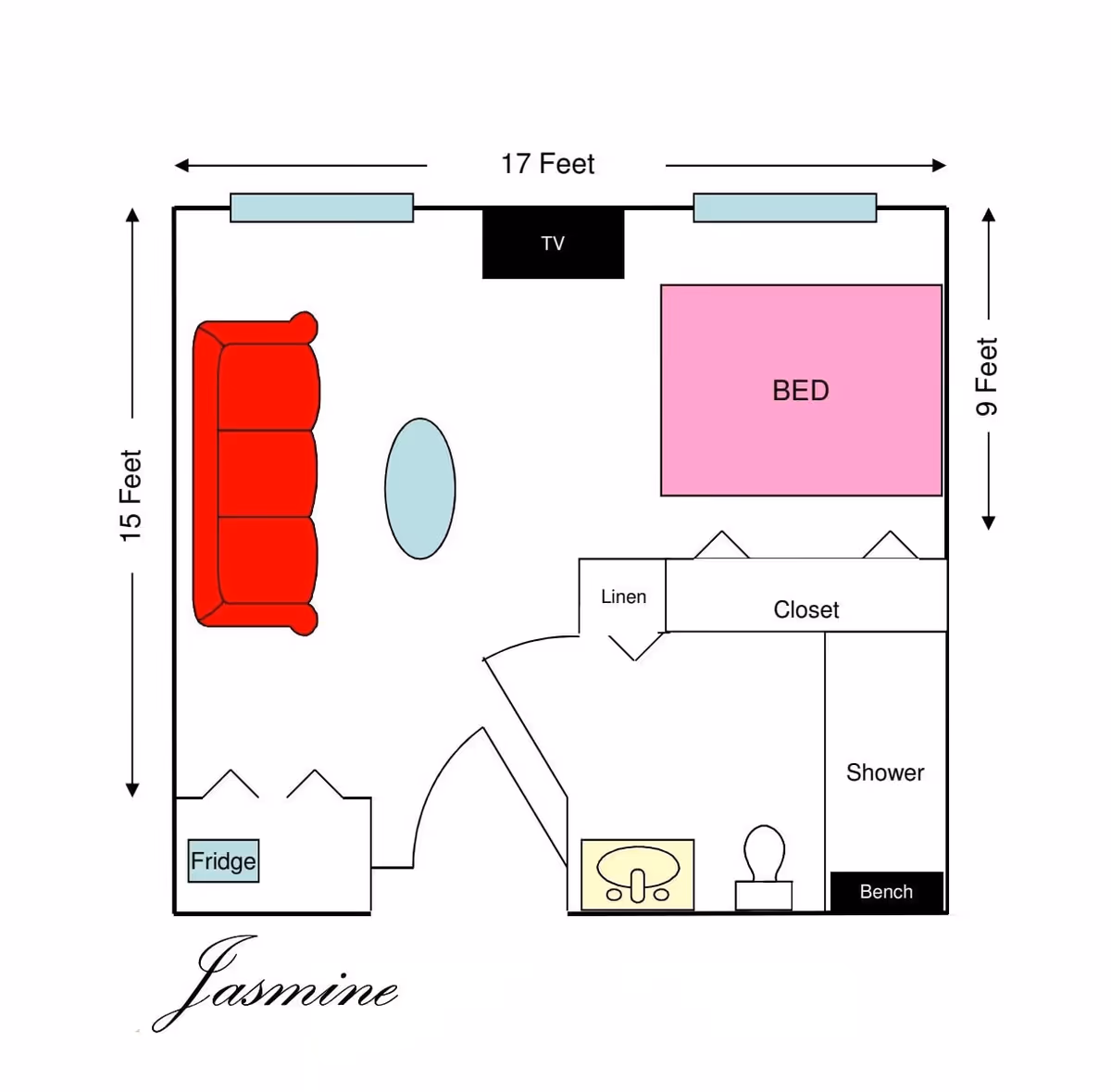 Floor plan of a room named Jasmine at Ansley Cove, showing dimensions of 17 feet by 15 feet. The layout includes a bed area measuring 9 feet, a closet, linen storage, a shower with a bench, a sink, a toilet, a fridge, a red couch, a TV, and a small oval table in the center.