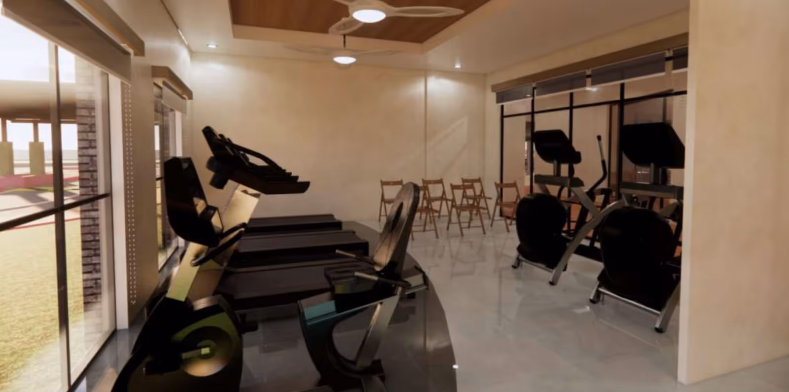 Interior view of a fitness room with exercise equipment including stationary bikes and treadmills, several wooden folding chairs arranged along the back wall, large windows letting in natural light, and a ceiling with wooden paneling and round light fixtures.