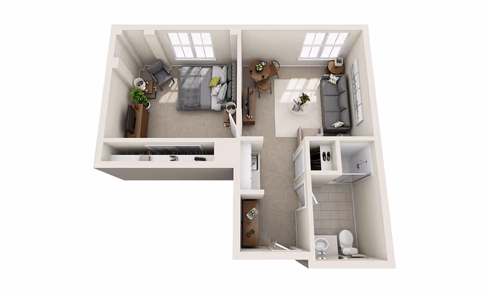 3D floor plan of a one-bedroom apartment showing a bedroom with a bed, chair, and TV, a living room with a sofa, coffee table, dining table, and TV, a kitchen area, and a bathroom with a shower, toilet, and sink.
