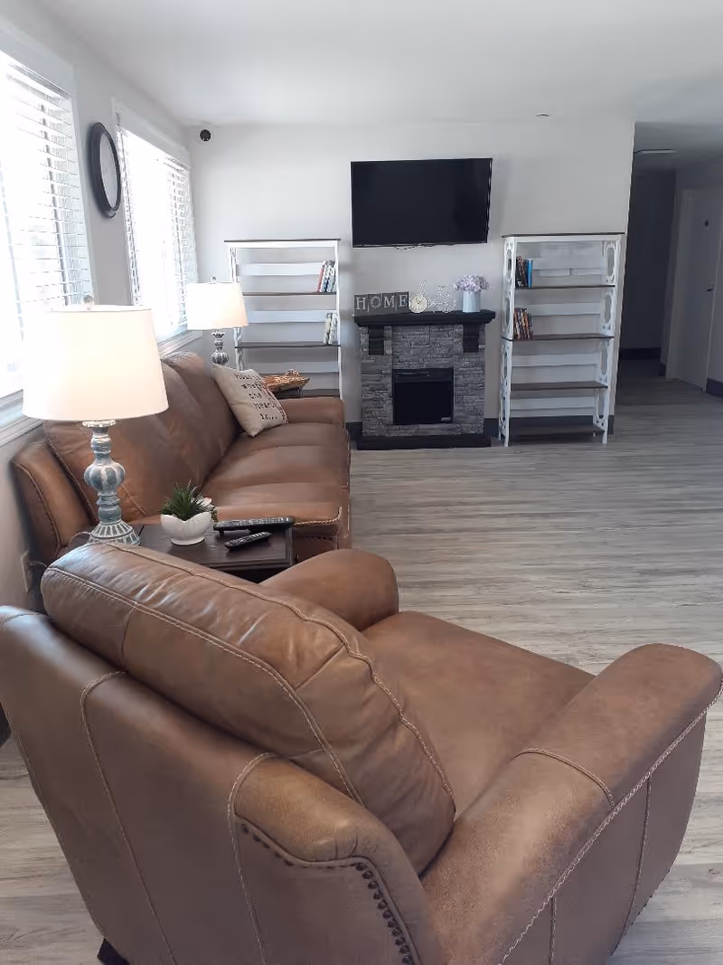 A cozy living room with brown leather sofas, a side table with a lamp and a small plant, two white bookshelves with a few books, a stone fireplace with decorative items on the mantel, and a flat-screen TV mounted above the fireplace. The room has light-colored wooden flooring and white walls with windows letting in natural light.