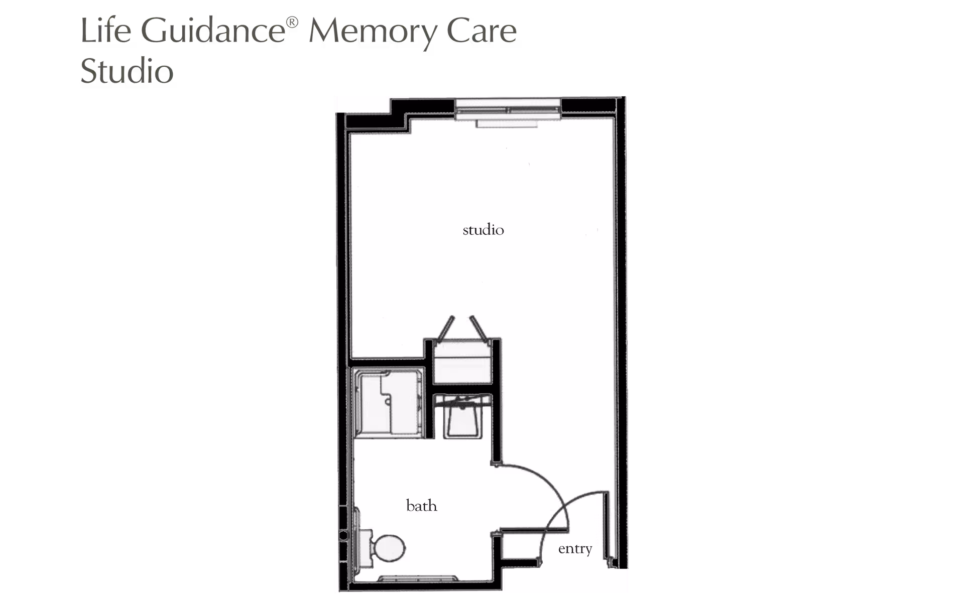 Floor plan layout of a Life Guidance Memory Care studio apartment showing a studio area, a bathroom, and an entryway.