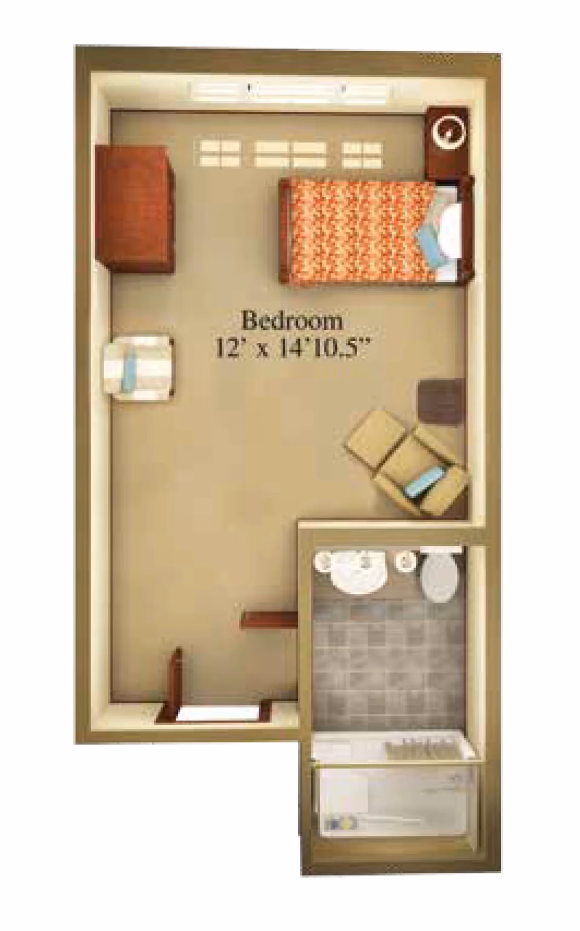Top-down floor plan of a 12' x 14'10.5" bedroom with a bed, dresser, seating and an attached bathroom with tub, sink and toilet.