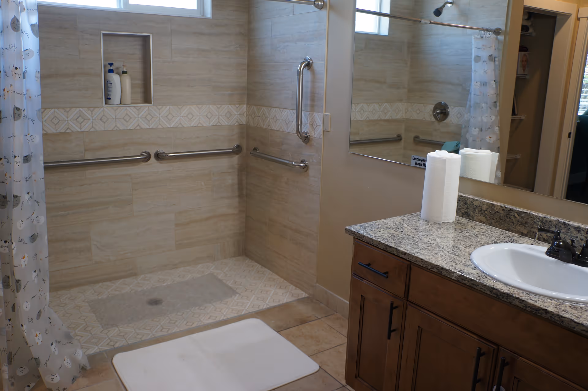 Accessible bathroom with a roll-in tiled shower with grab bars, a granite vanity and sink, and a shower curtain.