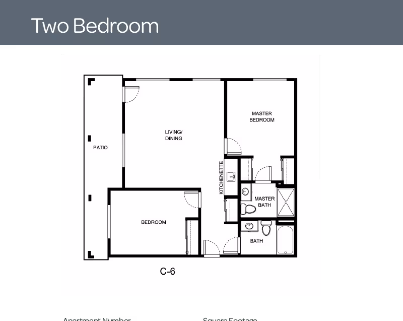 Floor plan diagram of a two-bedroom apartment showing a living/dining area, patio, kitchenette, master bedroom with master bath, and a second bedroom.