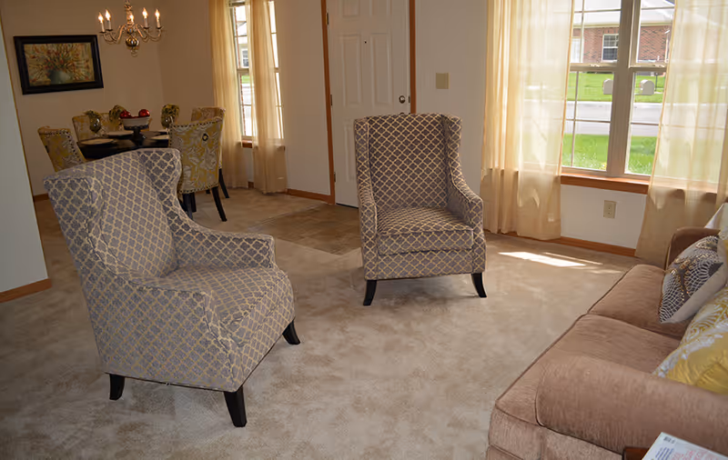 A cozy living room with two patterned armchairs facing a brown sofa with decorative pillows. A large window with sheer curtains lets in natural light. In the background, a dining area with a round table, four upholstered chairs, a chandelier, and a framed painting on the wall is visible.