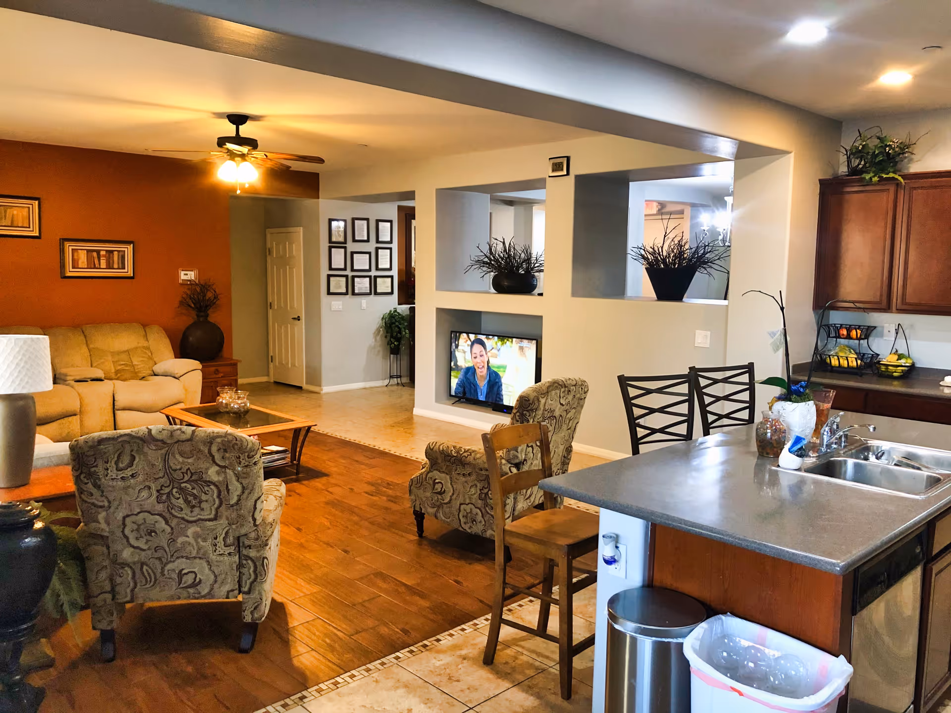 Open-plan living room and kitchen featuring armchairs, a sofa, a central island with stools, and built-in shelving with plants.