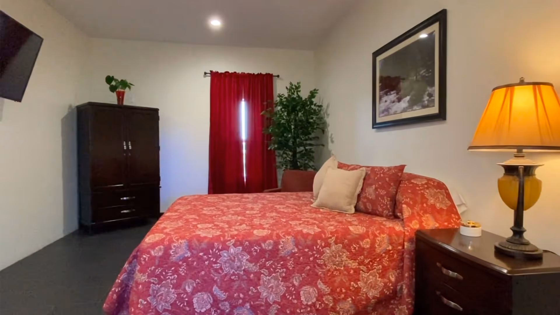 A bedroom with a bed covered in a red floral bedspread and two beige pillows. There is a wooden nightstand with a lamp and a small white item on it. A framed picture hangs on the wall above the bed. In the corner, there is a tall green plant next to a window with red curtains. A dark wooden wardrobe is against the opposite wall, and a flat-screen TV is mounted on the wall to the left.