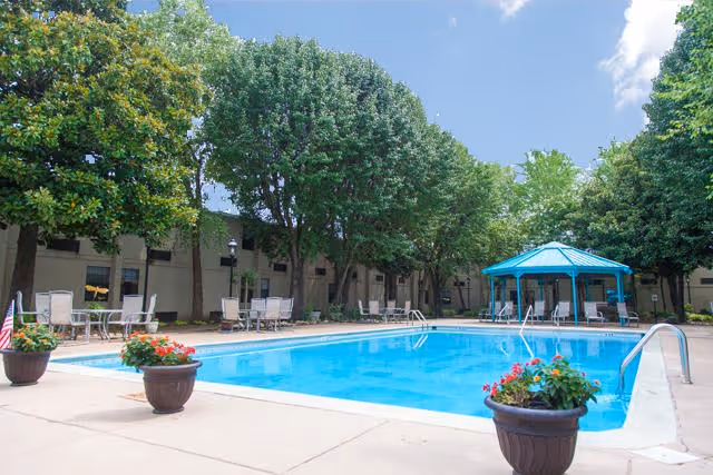 Outdoor swimming pool surrounded by a concrete deck with potted flowers and several lounge chairs. There is a blue gazebo on one side of the pool and tall green trees providing shade around the area. The sky is clear with a few clouds.