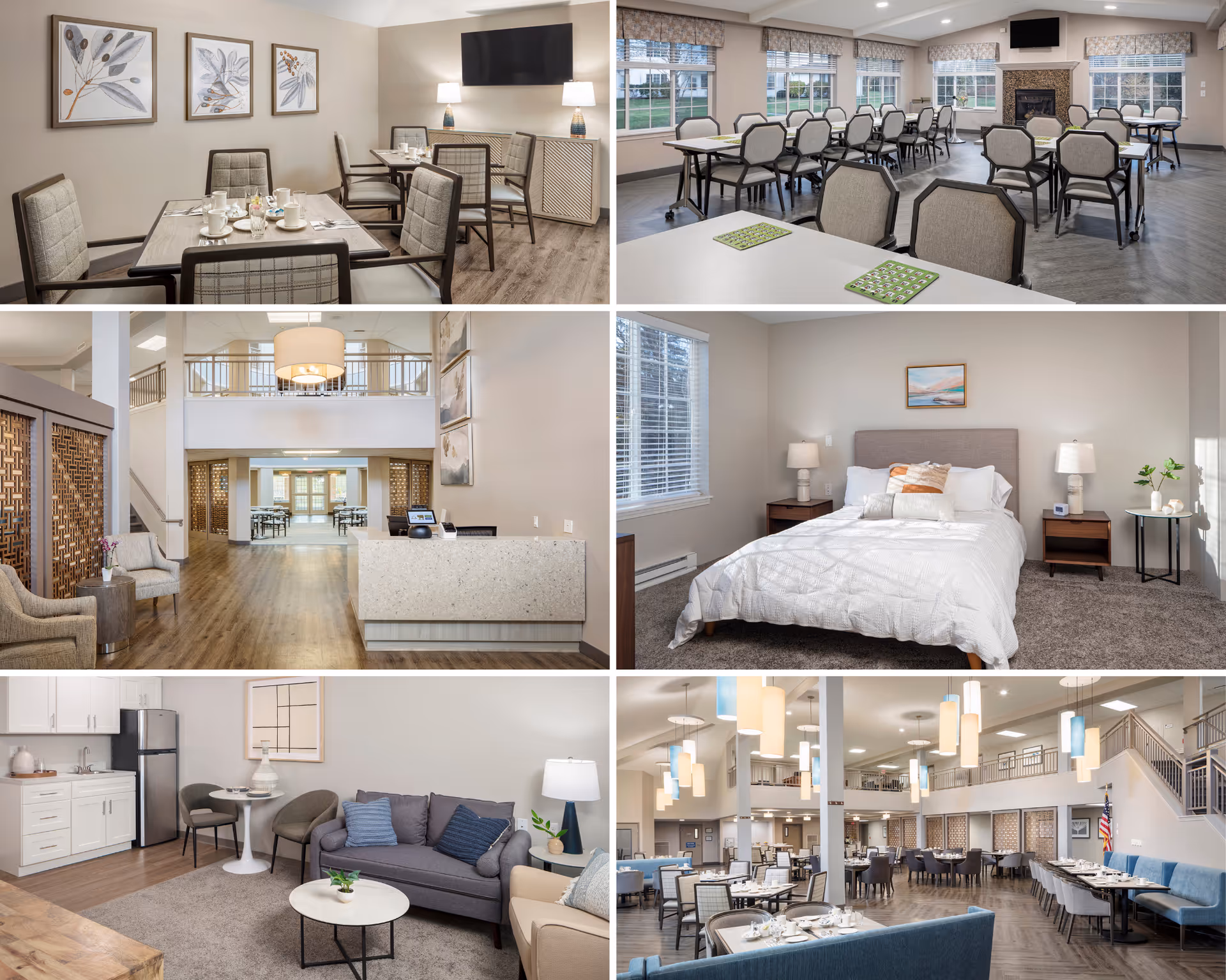 Collage of six images showing various interior spaces of Holiday Bluebird Estates senior living facility. Images include a dining area with tables and chairs set for meals, a large activity or dining room with multiple tables and chairs near windows, a reception area with seating and a front desk, a bedroom with a bed, nightstands, and a window, a living room with a sofa, chairs, small dining table, and kitchenette, and a spacious dining room with multiple tables, chairs, and hanging lights.