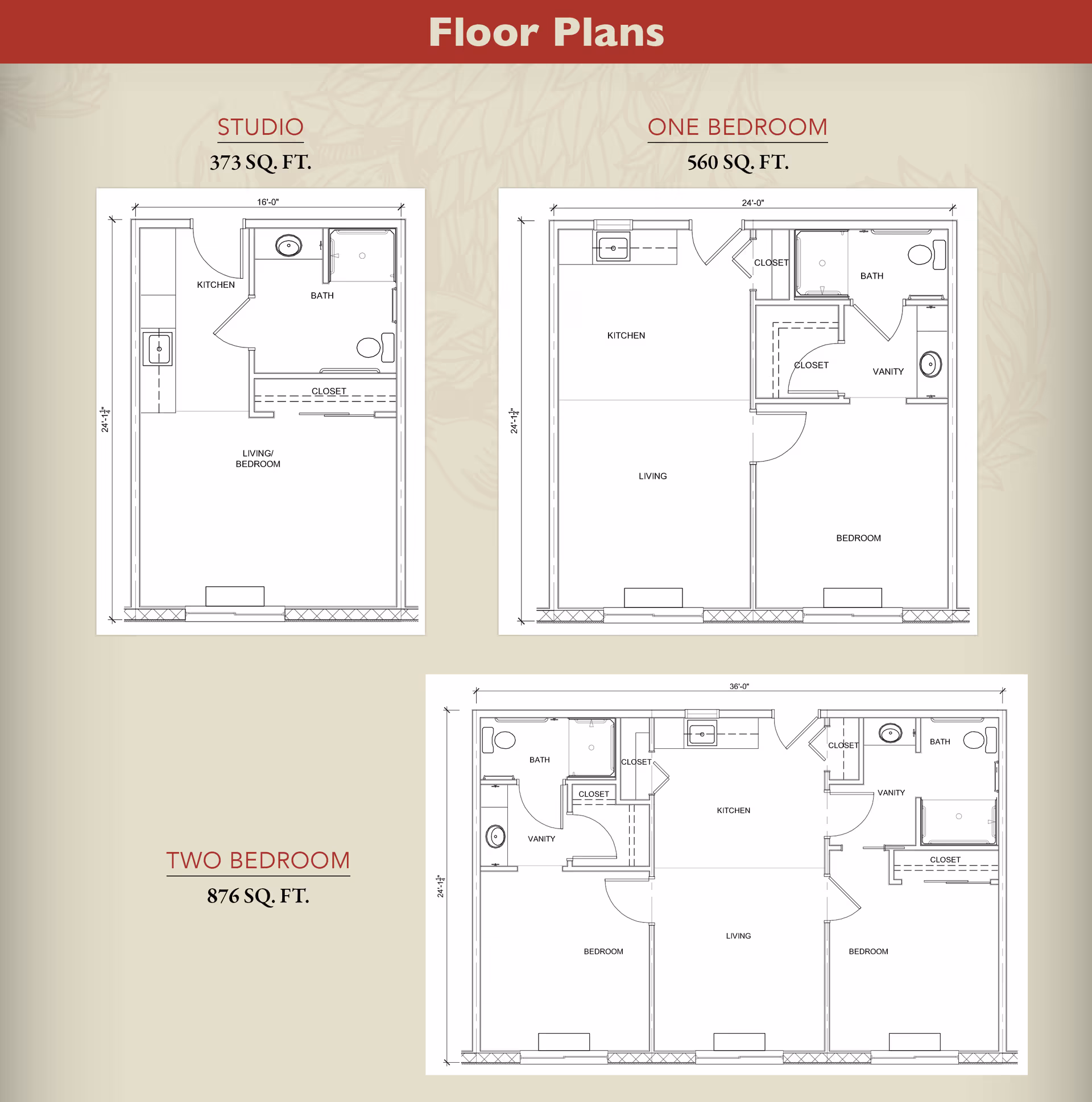 Floor plans for The Bridge at Ooltewah showing three apartment layouts: Studio (373 sq. ft.) with kitchen, bath, closet, and living/bedroom area; One Bedroom (560 sq. ft.) with kitchen, living room, bedroom, bath, vanity, and closets; Two Bedroom (876 sq. ft.) with kitchen, living room, two bedrooms, two baths, vanities, and closets.