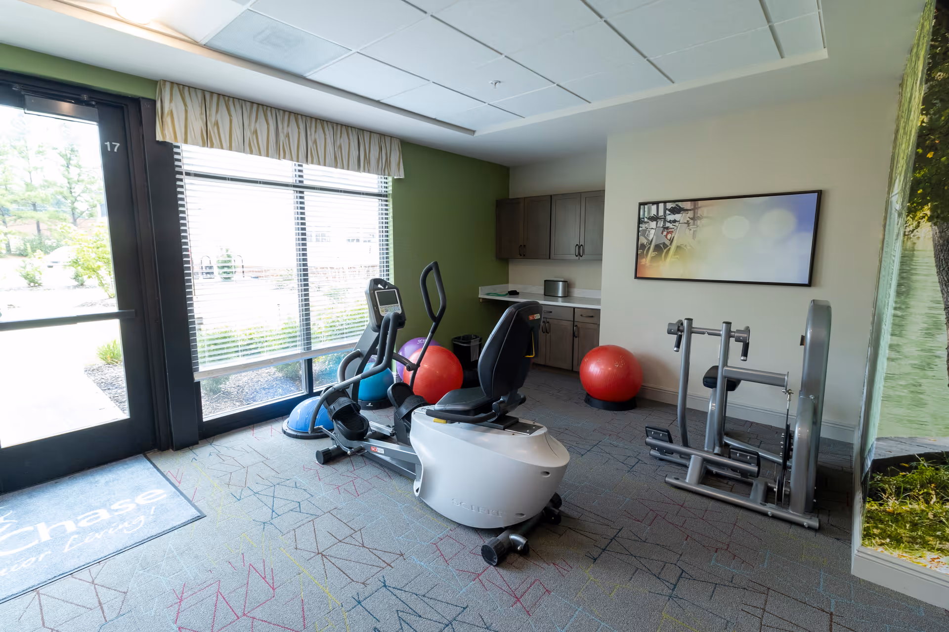Small interior fitness room with exercise machines, red stability balls, cabinets, and a large windowed door.
