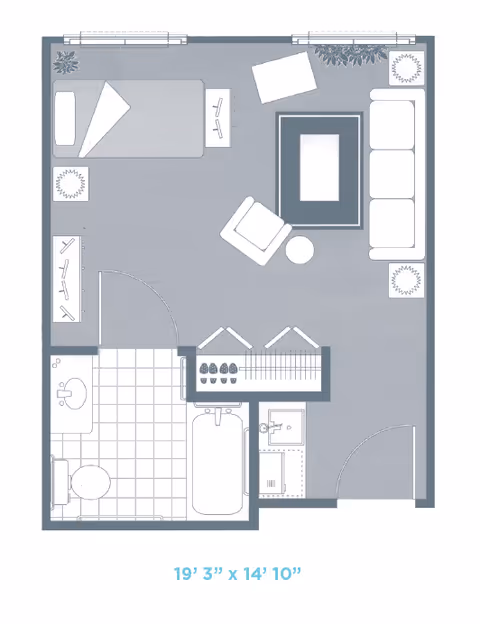 Floor plan of a small living space featuring a combined bedroom and living room area with a bed, sofa, armchair, coffee table, and plants. The layout also includes a bathroom with a toilet, sink, and bathtub, as well as a small closet and entry area. The dimensions of the space are 19 feet 3 inches by 14 feet 10 inches.