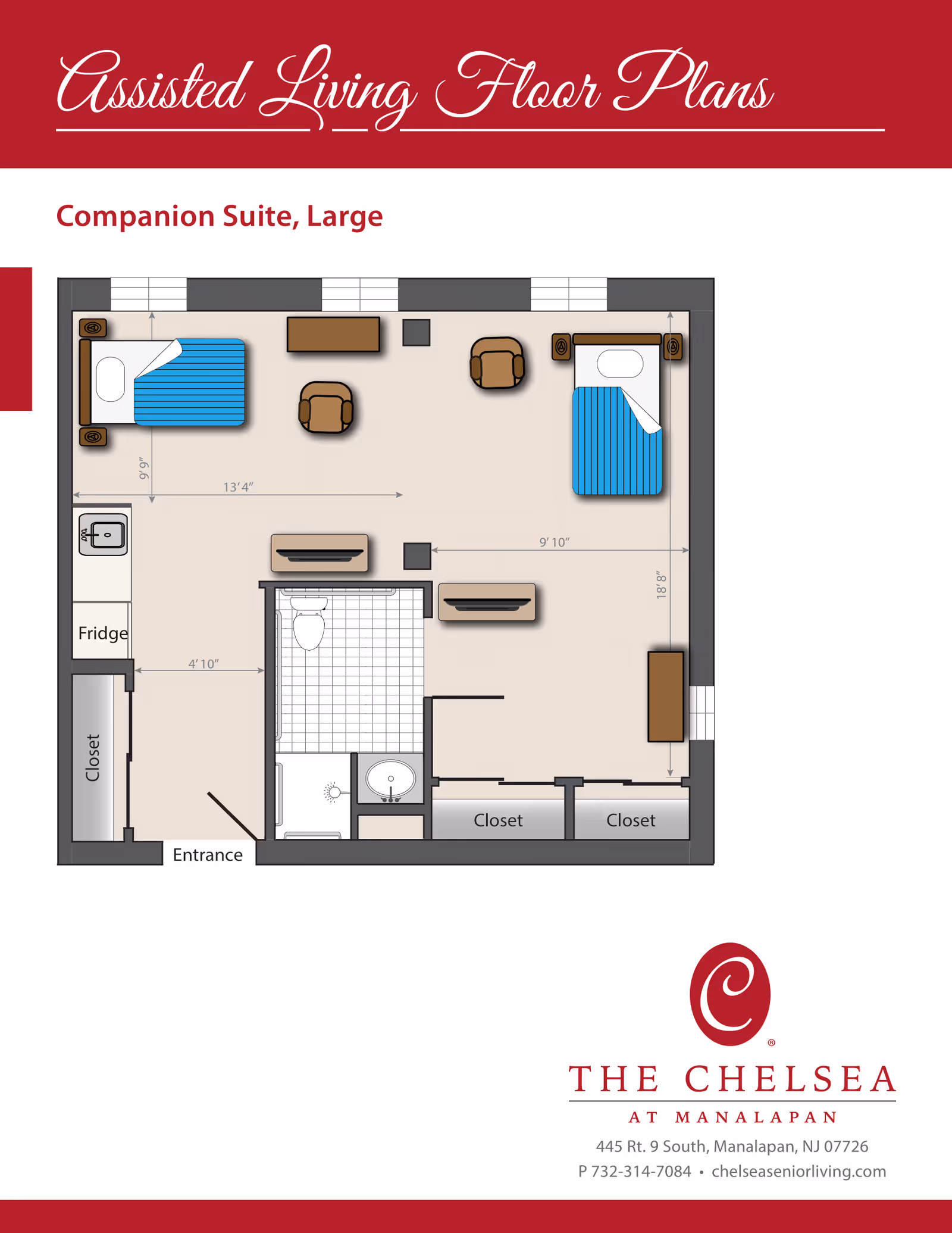 Floor plan of a large companion suite in an assisted living facility showing two beds, two chairs, two dressers, a bathroom with a toilet, sink, and shower, a kitchenette area with a fridge and sink, and multiple closets. Dimensions of the rooms and furniture placement are indicated.
