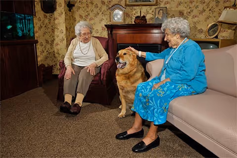 Two elderly women sitting in a cozy living room with floral wallpaper. One woman in a blue dress is sitting on a beige couch petting a large golden retriever dog, while the other woman in a white top and beige cardigan sits on a burgundy armchair. There is a wooden cabinet with a fish tank on the left and a fireplace with framed pictures and a clock on the mantel in the background.