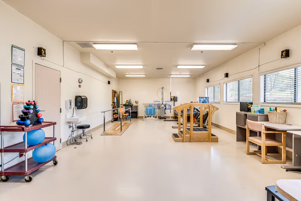 A spacious physical therapy room in Meadowood Nursing Center with exercise equipment including parallel bars, a wooden ramp, weights, exercise balls, and therapy tools. The room has large windows with blinds, bright overhead lighting, and a clean, organized appearance.