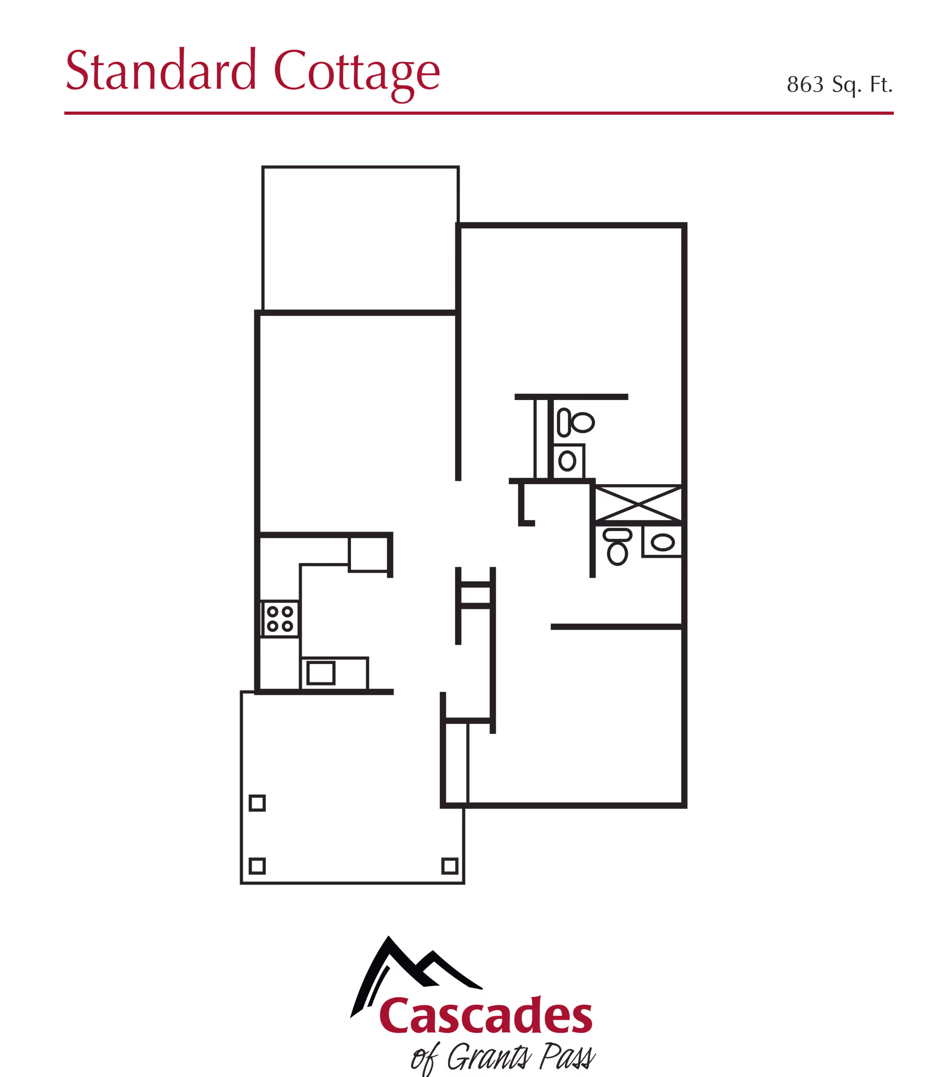 Floor plan layout of a Standard Cottage with 863 square feet, showing rooms including kitchen, bathrooms, and living spaces.