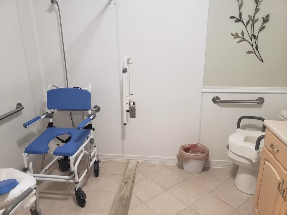 Accessible bathroom with a blue shower chair on wheels, grab bars on the walls, a toilet with arm supports, a small trash can, and a decorative metal wall art piece above the toilet.