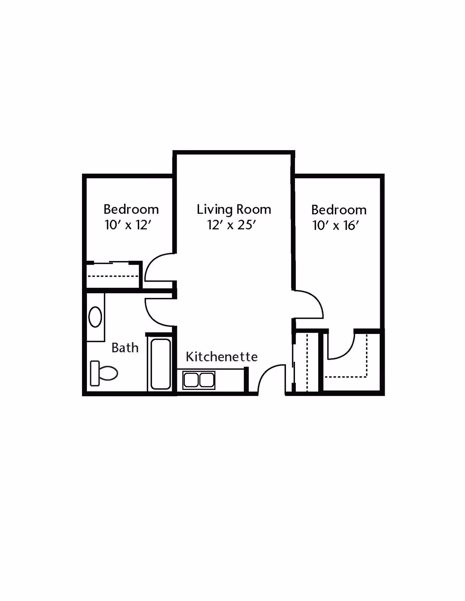 Floor plan showing a layout with two bedrooms, a living room, a kitchenette, and a bathroom. The left bedroom measures 10 by 12 feet, the right bedroom measures 10 by 16 feet, and the living room measures 12 by 25 feet. The bathroom includes a toilet, sink, and bathtub.