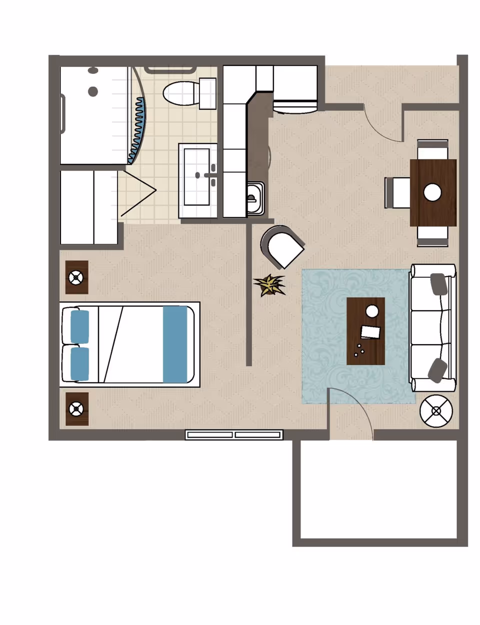 Floor plan of a one-bedroom assisted living unit featuring a bedroom with a double bed and two nightstands, a bathroom with a shower, toilet, and sink, a kitchen area with cabinets and a sink, a living room with a sofa, armchair, coffee table, rug, and a dining area with a table and four chairs. There is also a small plant near the living room area.