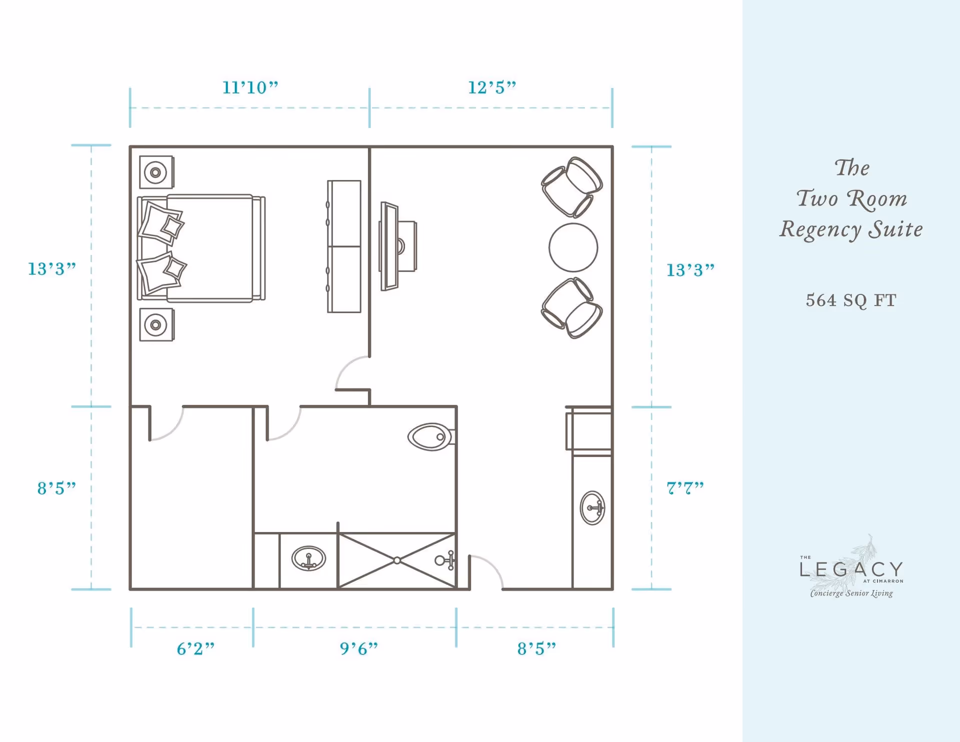 Floor plan of The Two Room Regency Suite at The Legacy at Cimarron, showing a layout with a bedroom, living area with two chairs and a table, and a bathroom with a shower, sink, and toilet. Dimensions and total area of 564 square feet are indicated.