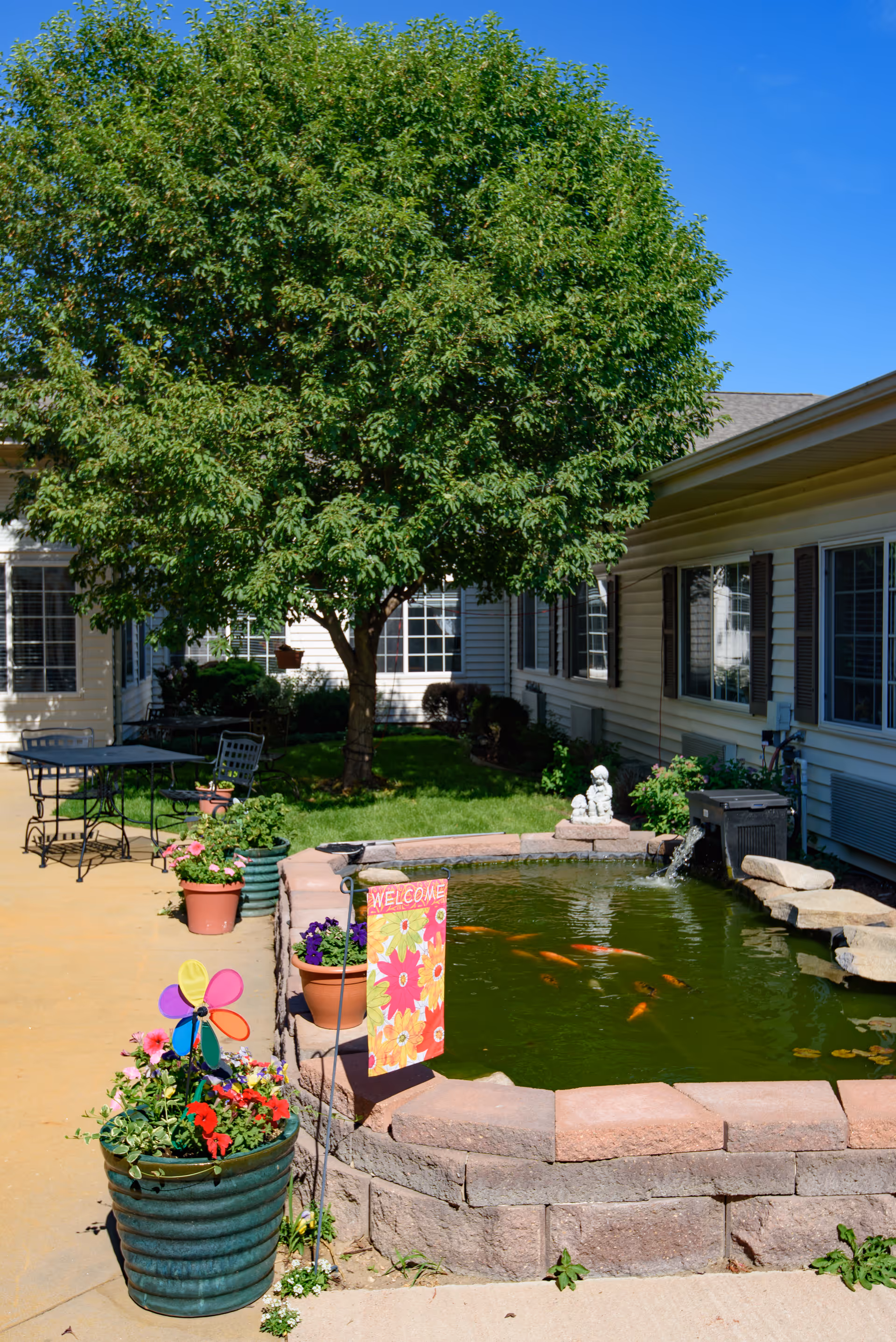 Outdoor courtyard area with a large leafy tree, a small pond with orange fish, potted flowers, a colorful pinwheel, a welcome sign, and patio furniture next to a building under a clear blue sky.