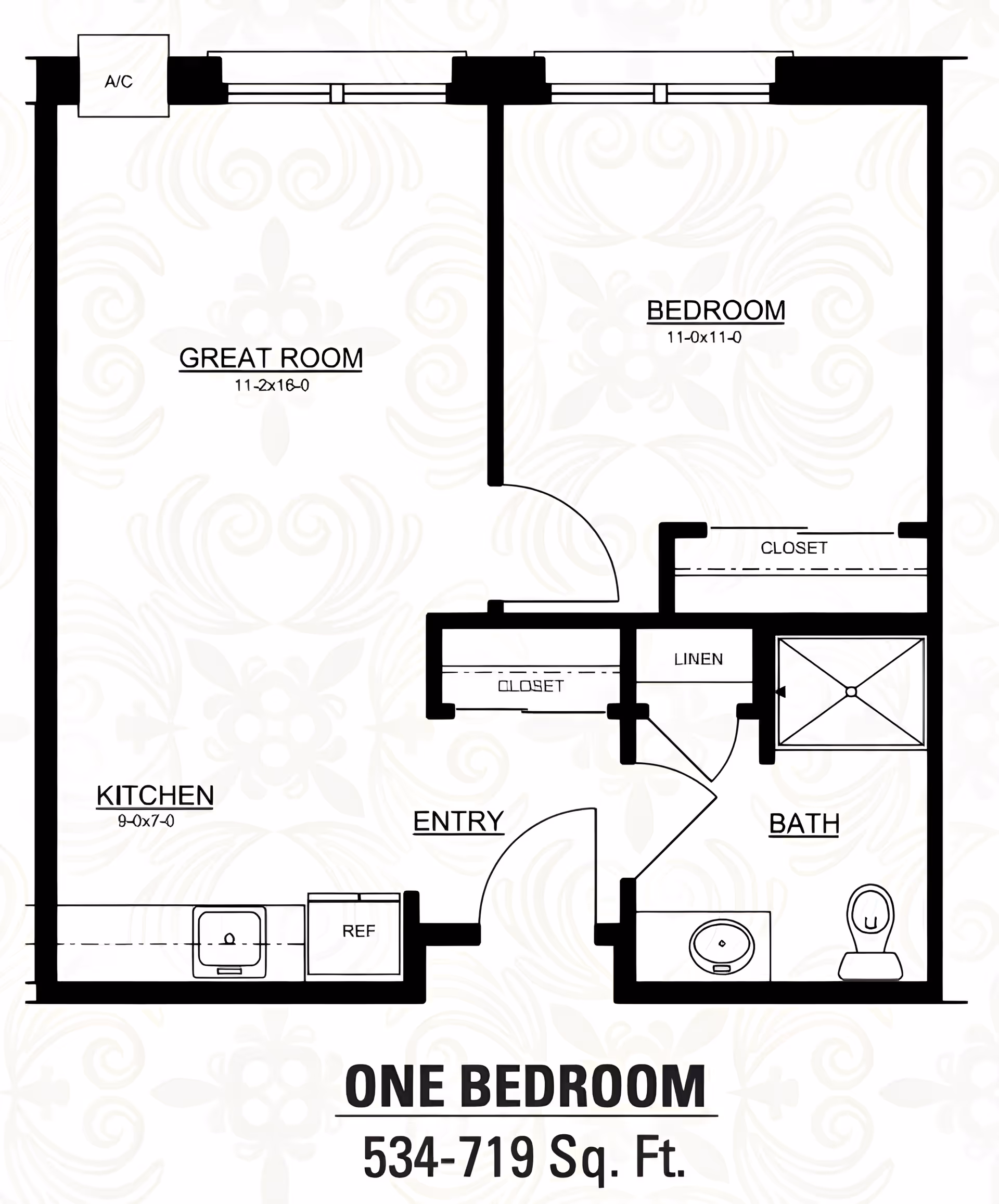 Floor plan of a one-bedroom apartment at Heritage Assisted Living & Memory Care, showing a great room, kitchen, bedroom, bathroom, closets, linen closet, and entry area with dimensions and layout details.