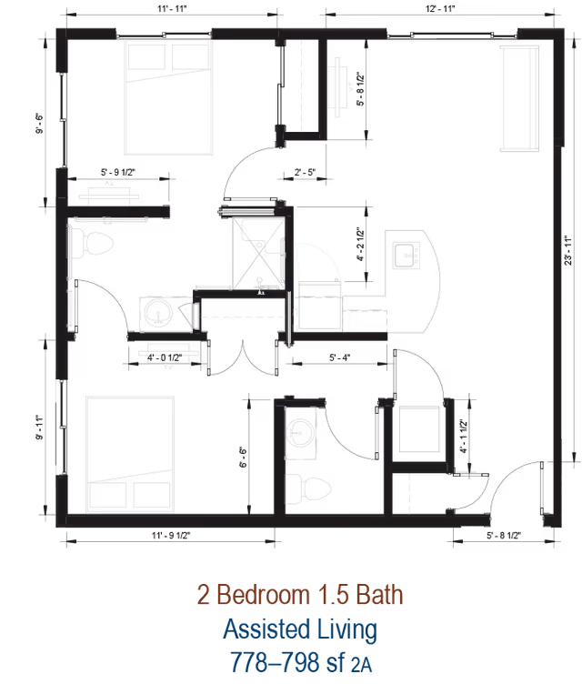 Architectural floor plan of a 2 bedroom, 1.5 bathroom assisted living apartment unit with dimensions and layout of rooms including bedrooms, bathrooms, living area, and kitchen.