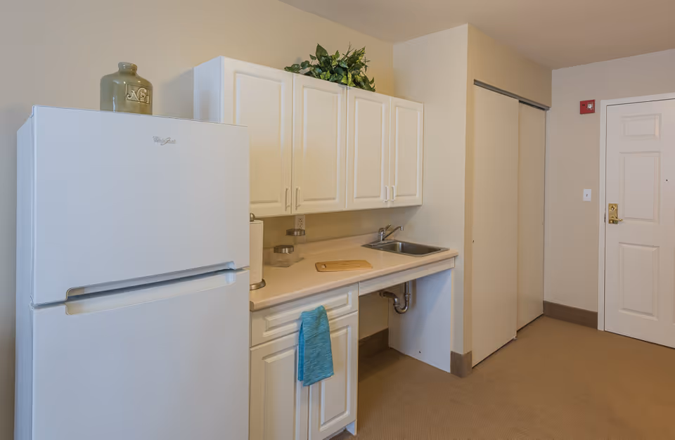 A small kitchenette area featuring a white refrigerator, white cabinets, a countertop with a cutting board, a sink, and a blue towel hanging from a cabinet handle. There is a green decorative plant on top of the cabinets and a beige carpeted floor. A white door and a closet with sliding doors are visible in the background.