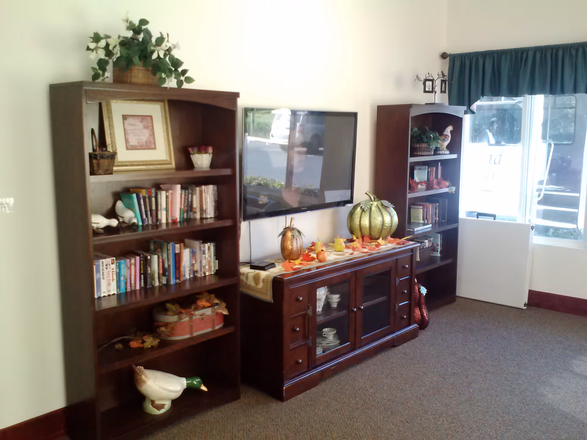 A cozy living room area with two wooden bookshelves filled with books and decorative items, a flat-screen TV mounted on the wall, and a wooden cabinet below the TV decorated with autumn-themed ornaments including pumpkins and leaves. There is a window with green curtains and a door letting in natural light.