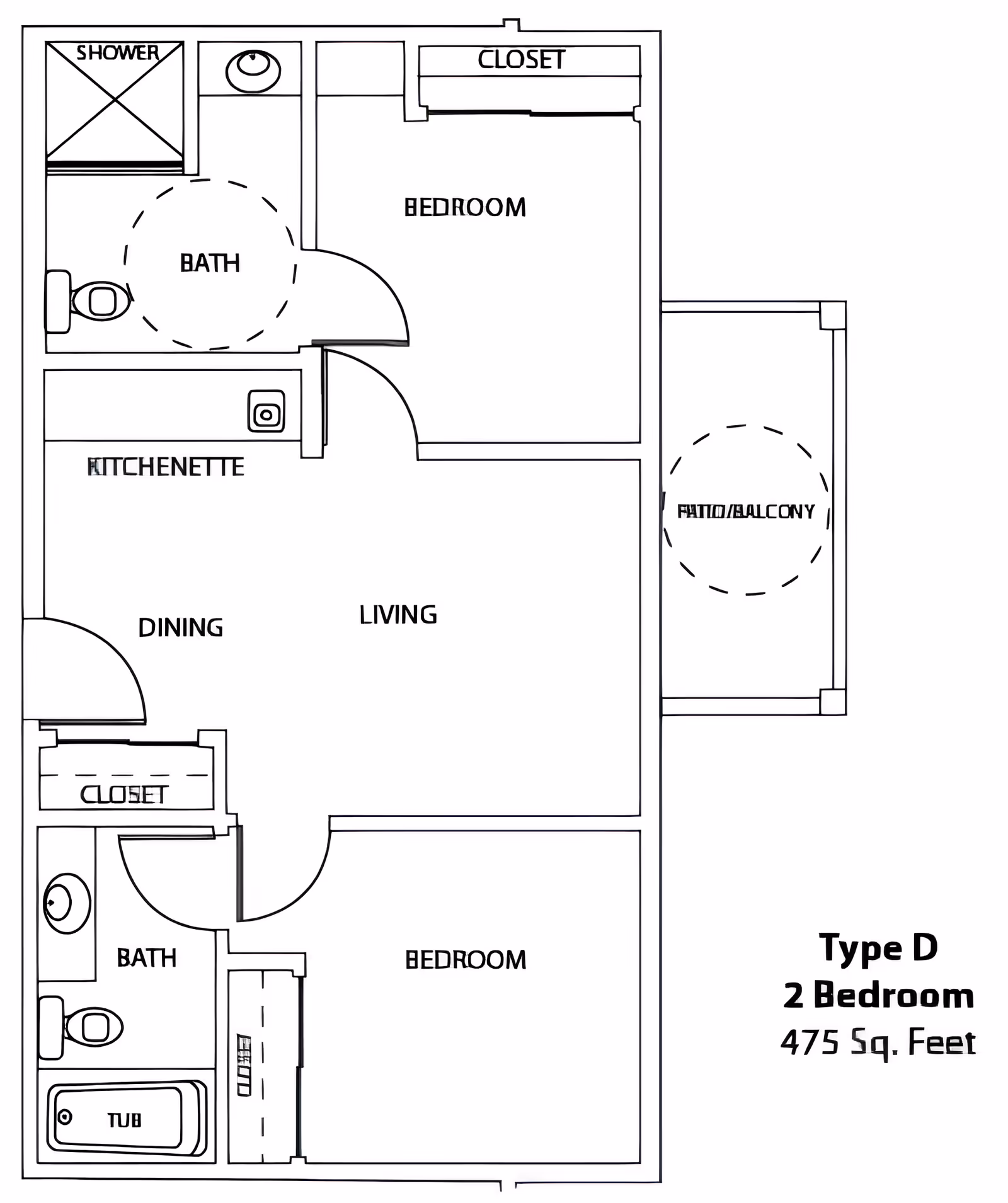 Floor plan of a Type D two-bedroom apartment with 475 square feet, showing two bedrooms, two bathrooms (one with a shower and one with a tub), a kitchenette, dining area, living area, closets, and a patio/balcony.