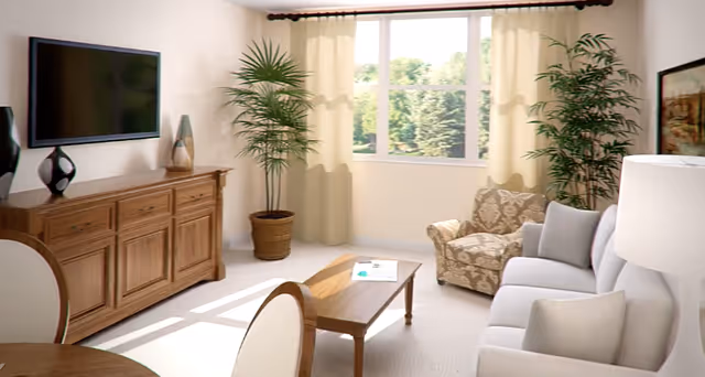 A bright living room with a large window covered by light curtains, a wooden cabinet with decorative items and a wall-mounted TV, a patterned armchair, a white sofa with cushions, a wooden coffee table with papers on it, two potted plants, and part of a round dining table with chairs.