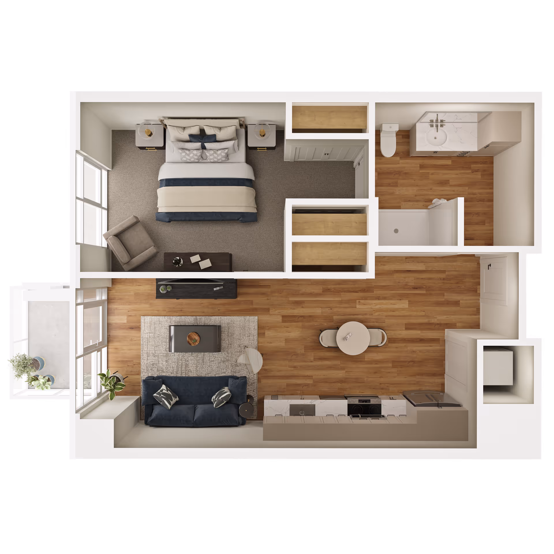 Top-down view of a one-bedroom apartment floor plan featuring a bedroom with a bed, two nightstands, an armchair, and a coffee table. Adjacent to the bedroom is a bathroom with a shower, toilet, and sink. The living area includes a sofa, coffee table, and TV stand, with a dining table and chairs near the kitchen. The kitchen has a sink, stove, and refrigerator. There is also a small balcony with plants.