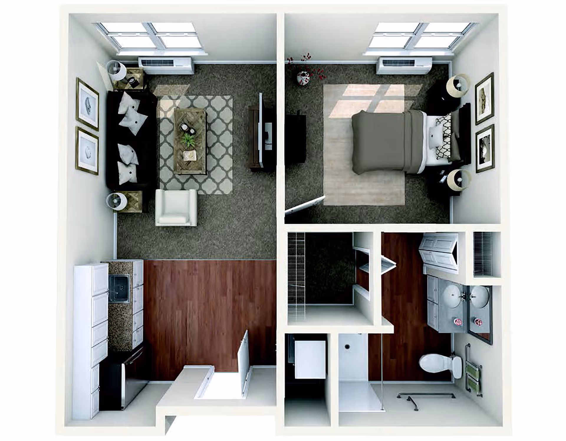 Top-down rendered one-bedroom apartment floor plan showing a living room, kitchen, bedroom, closet and bathroom.