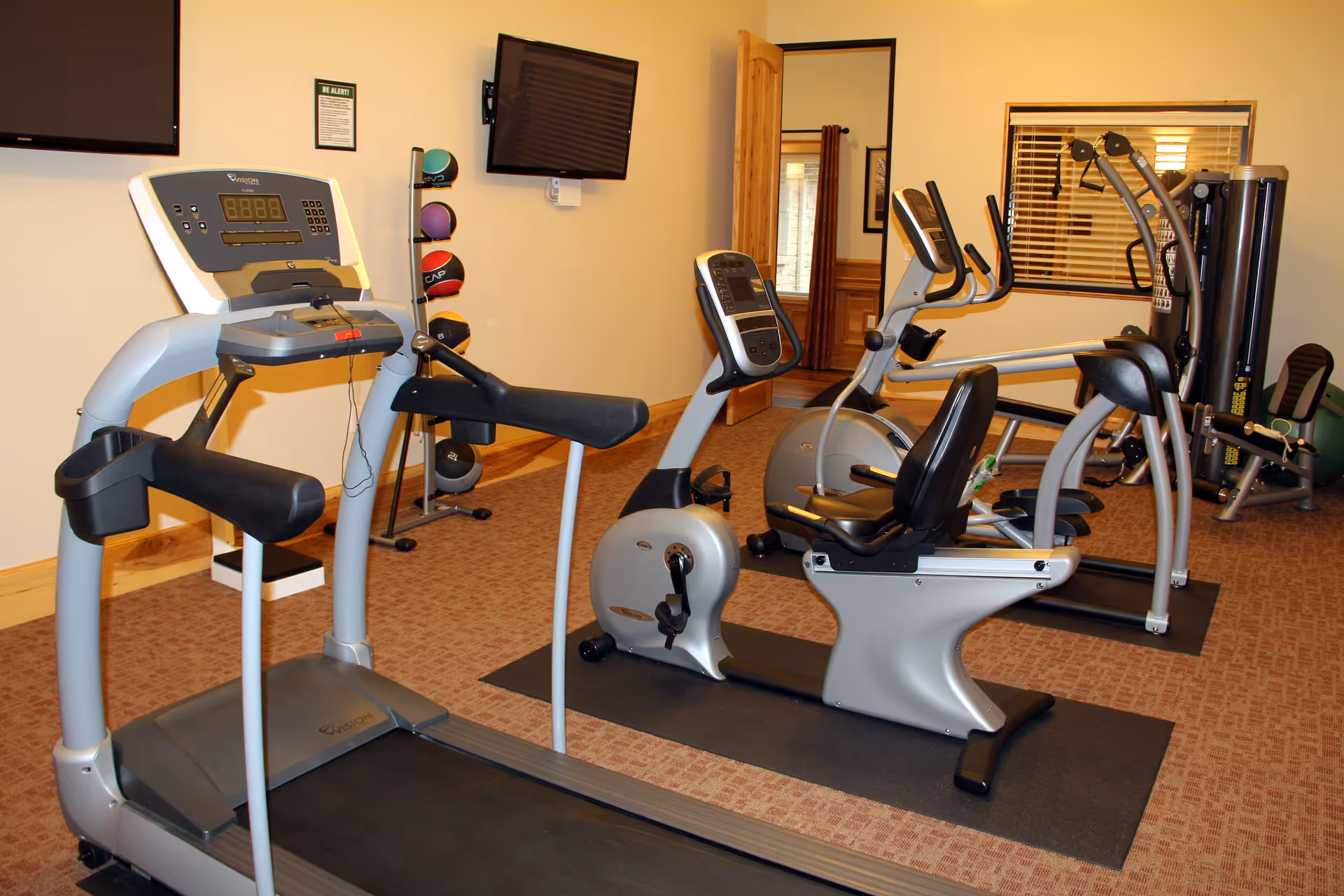 Indoor fitness room with exercise equipment including a treadmill, stationary bike, elliptical machine, and weight machine. The room has beige walls, carpeted floor, a wall-mounted TV, and a rack with colorful medicine balls.