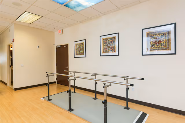 Indoor rehabilitation area with parallel bars for walking exercises, light wood flooring, beige walls, three framed abstract artworks on the wall, and a closed wooden door in the background.