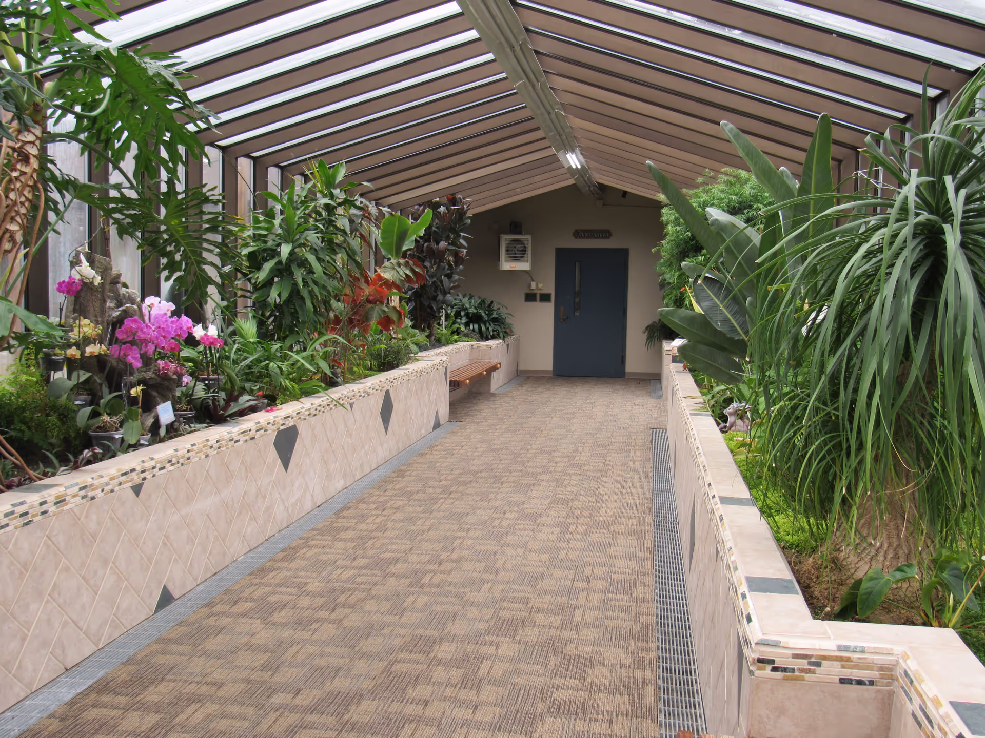 Indoor corridor with a glass ceiling and walls lined with lush green plants and colorful flowers in tiled planters, leading to a blue door at the end.