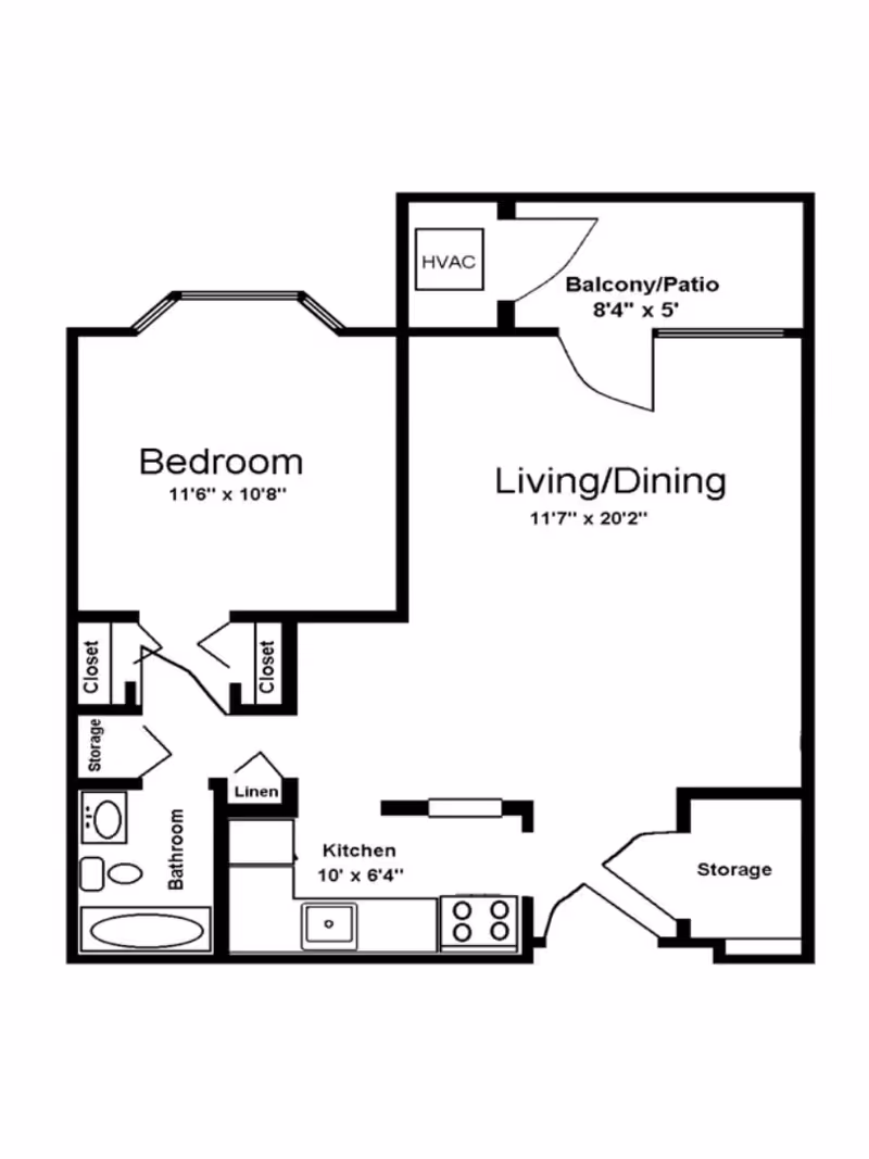 Floor plan of a one-bedroom apartment at Porthaven Manor showing a bedroom with two closets, a bathroom with a bathtub, toilet, and sink, a kitchen area, a living/dining room, a balcony/patio, and two storage areas.