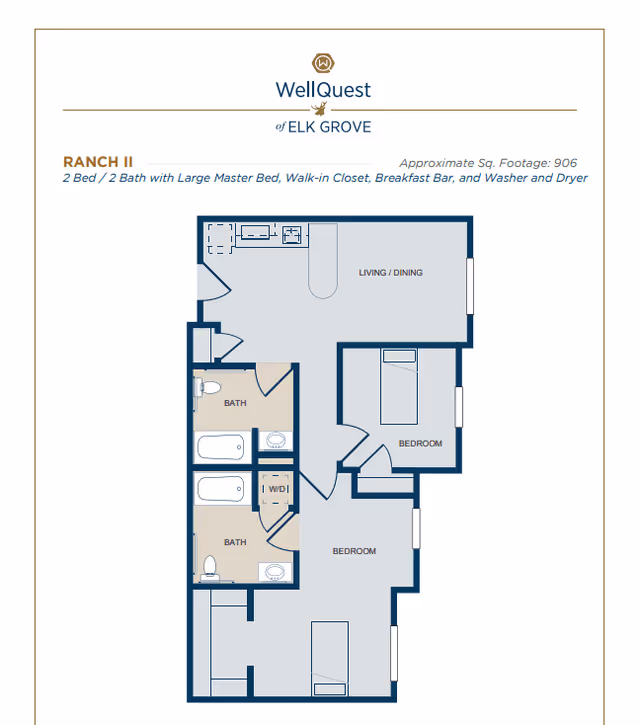 Floor plan of Ranch II at WellQuest of Elk Grove showing a 2 bedroom, 2 bathroom layout with a large master bedroom, walk-in closet, breakfast bar, washer and dryer, and combined living/dining area.