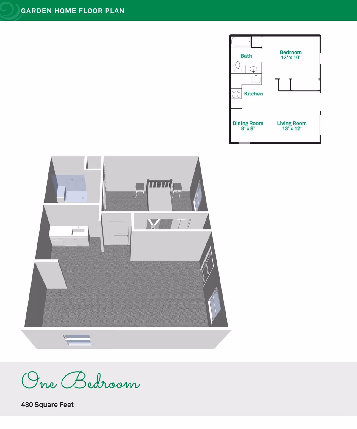 3D floor plan and 2D layout of a one-bedroom garden home with 480 square feet, showing a bedroom, bathroom, kitchen, dining room, and living room.