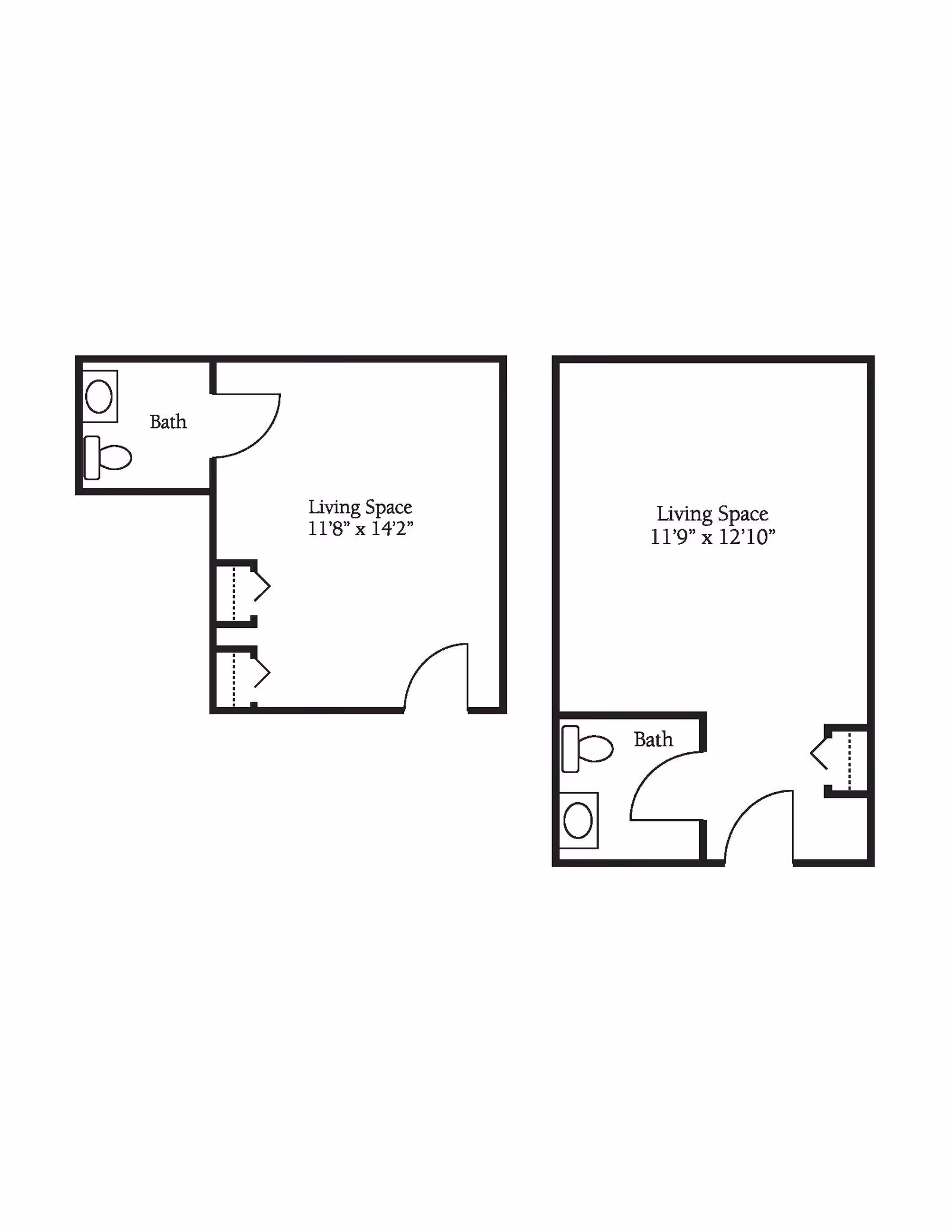 Two black and white architectural floor plans showing layouts with labeled living spaces and bathrooms. The left plan has a living space measuring 11 feet 8 inches by 14 feet 2 inches and a bathroom with a toilet and sink. The right plan has a living space measuring 11 feet 9 inches by 12 feet 10 inches and a bathroom with a toilet and sink.