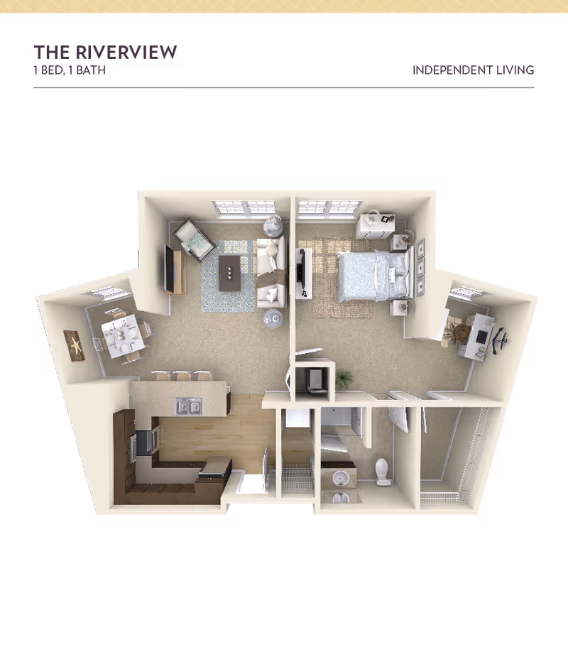 3D floor plan of The Riverview apartment with 1 bedroom and 1 bathroom in an independent living facility. The layout includes a living room with sofa, armchair, coffee table, and TV, a dining area with a table and four chairs, a kitchen with appliances and a counter with three stools, a bedroom with a bed, nightstands, dresser, and TV, a bathroom with a sink, toilet, and shower, and a small office area with a desk and chair.