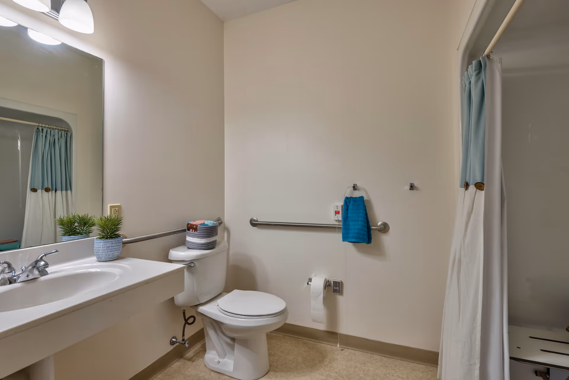 A clean and accessible bathroom with a white toilet, a sink with a faucet, a large mirror, and a shower area with a blue and white shower curtain. There are grab bars on the walls near the toilet and a blue hand towel hanging on one of the bars. A small plant and a basket with towels are placed on the toilet tank.