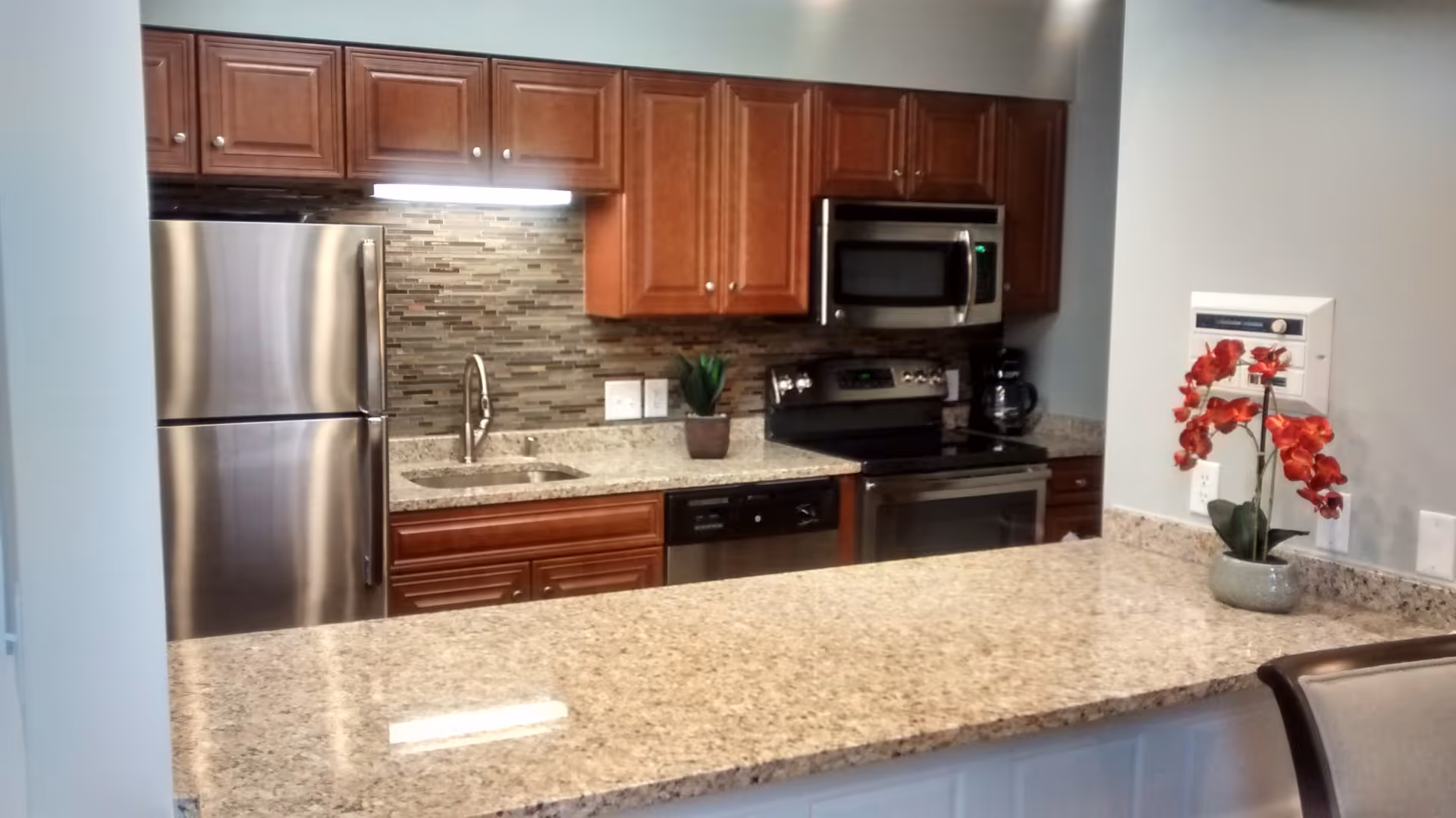 Modern kitchen with granite countertops, stainless steel refrigerator, oven, microwave, and dishwasher. Wooden cabinets with a mosaic tile backsplash. A small potted plant and a vase with red flowers are on the counter.