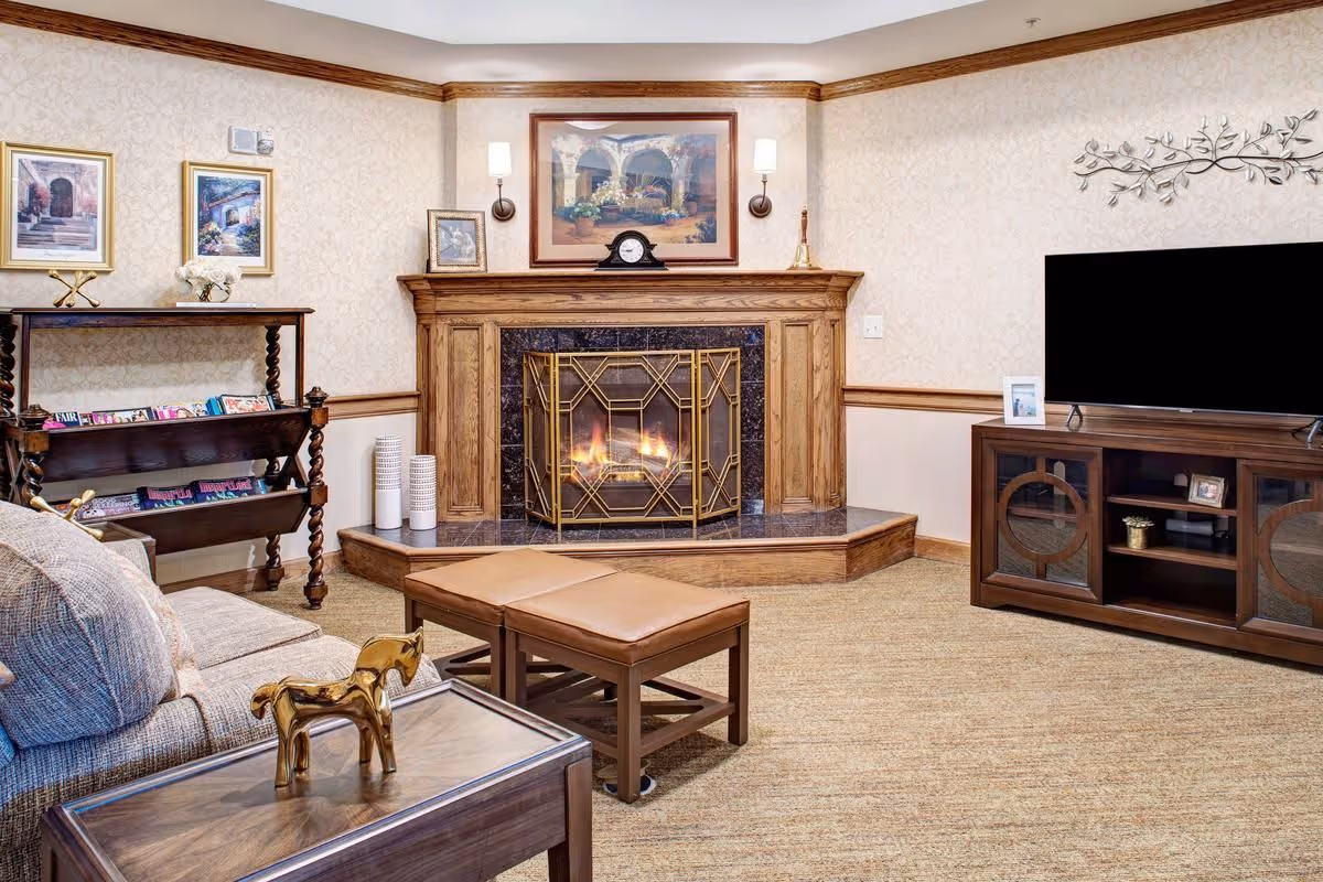 Comfortable living room with a lit fireplace, sofa and ottoman, TV console and a magazine rack.