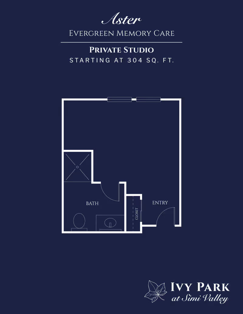 Floor plan graphic of a private studio showing an entry, closet, and bath with Ivy Park at Simi Valley branding.