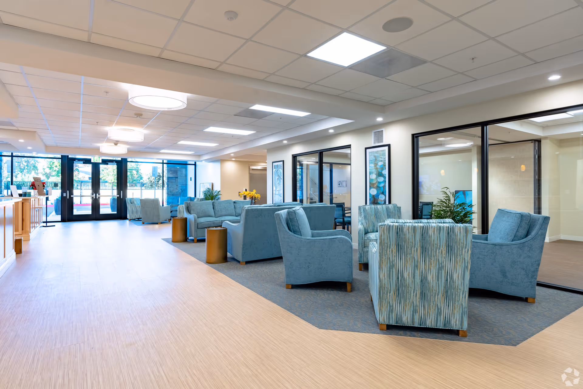 A spacious and well-lit common area with multiple blue upholstered chairs and sofas arranged in seating groups on a carpeted section of the floor. The room has large glass windows and doors letting in natural light, light wood flooring, and modern ceiling lights. There are framed artworks on the walls and some plants adding greenery to the space.